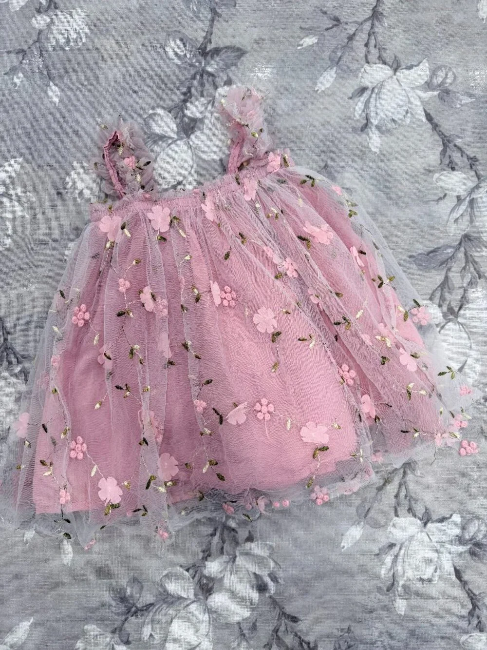 Pink Floral Embroidered Tulle Dress Girls Toddler Fairy Princess Cottagecore